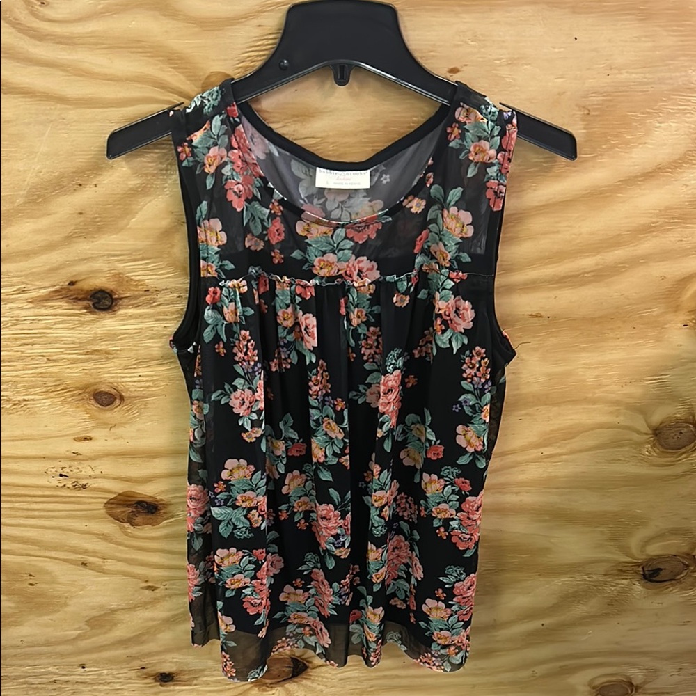 Bobbie Brooks Black Pink Smocked Sleeveless Blouse